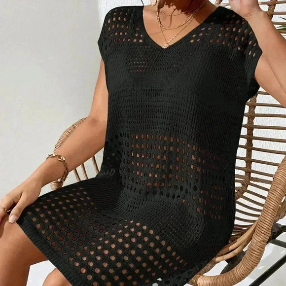 Black Boho Women's Swim Hollow Out Batwing Sleeve Cover Up Dress - Picture 4 of 5